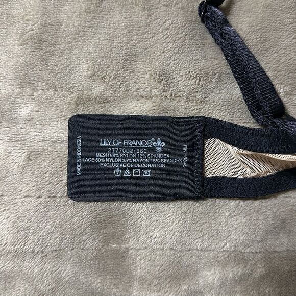 LILY OF FRANCE 36C Black Beige Unlined Lace Mesh Underwire Bra - Picture 11 of 11